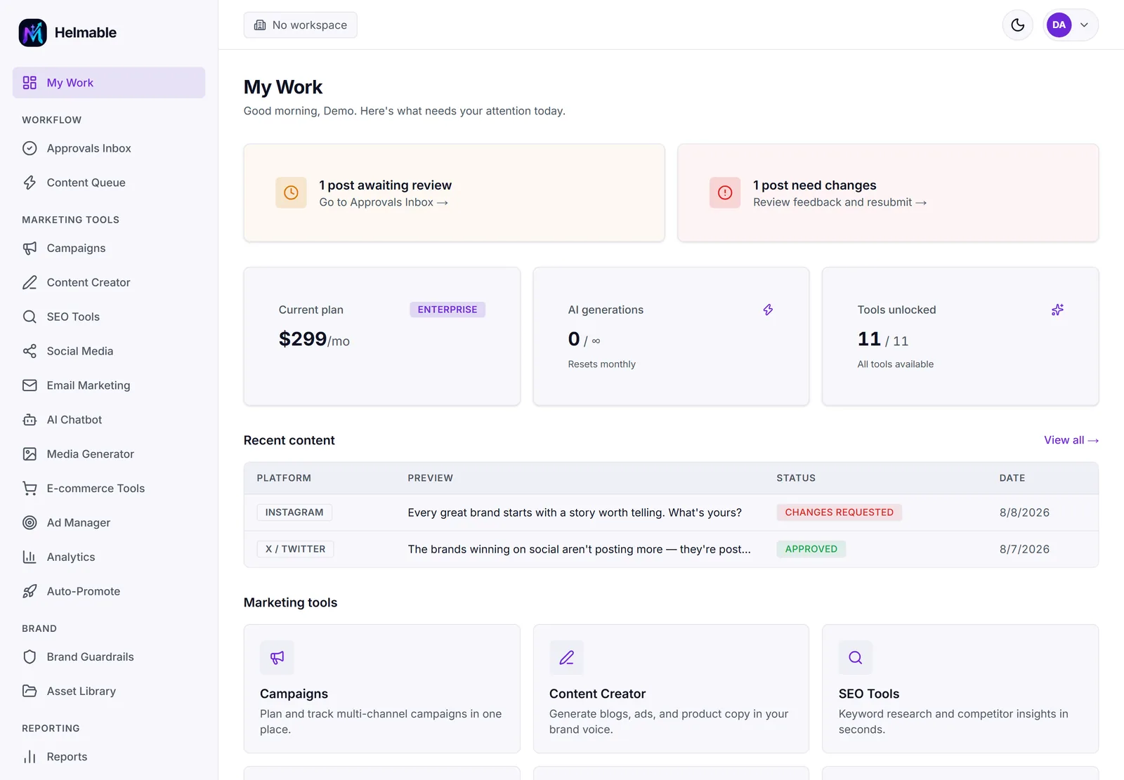 Your workspace in Helmable